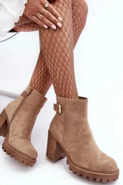 Zamszowe Damskie Botki Na Słupku Z Ozdobą Beżowe Menoria