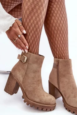 Zamszowe Damskie Botki Na Słupku Z Ozdobą Beżowe Menoria