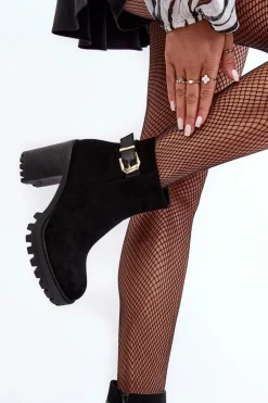 Zamszowe Damskie Botki Na Słupku Z Ozdobą Czarne Menoria