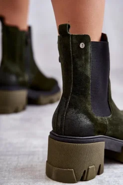 Zamszowe Damskie Botki Na Platformie Khaki Lemar Hilde
