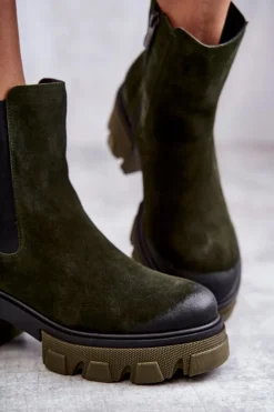 Zamszowe Damskie Botki Na Platformie Khaki Lemar Hilde