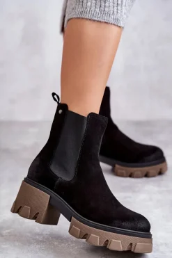 Zamszowe Damskie Botki Na Platformie Czarne Lemar Hilde