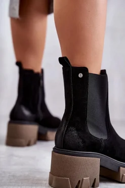 Zamszowe Damskie Botki Na Platformie Czarne Lemar Hilde