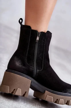 Zamszowe Damskie Botki Na Platformie Czarne Lemar Hilde