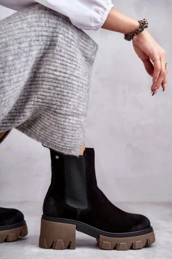 Zamszowe Damskie Botki Na Platformie Czarne Lemar Hilde
