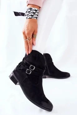 Zamszowe Damskie Botki Ocieplane Czarne Castlerock