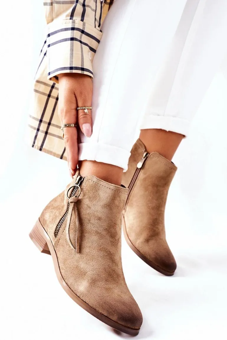 Zamszowe Damskie Botki Ocieplane Beżowe Janice