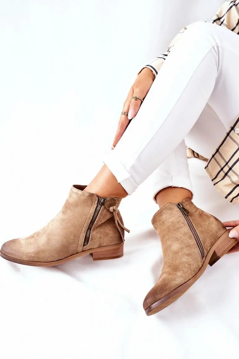 Zamszowe Damskie Botki Ocieplane Beżowe Janice