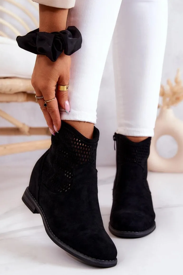 Zamszowe Damskie Botki Ukryty Koturn Czarne Solene