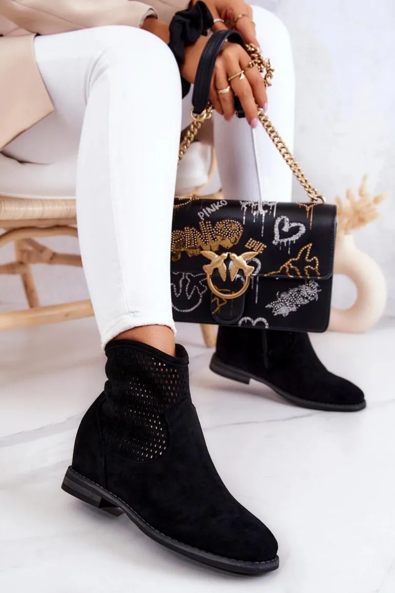 Zamszowe Damskie Botki Ukryty Koturn Czarne Solene