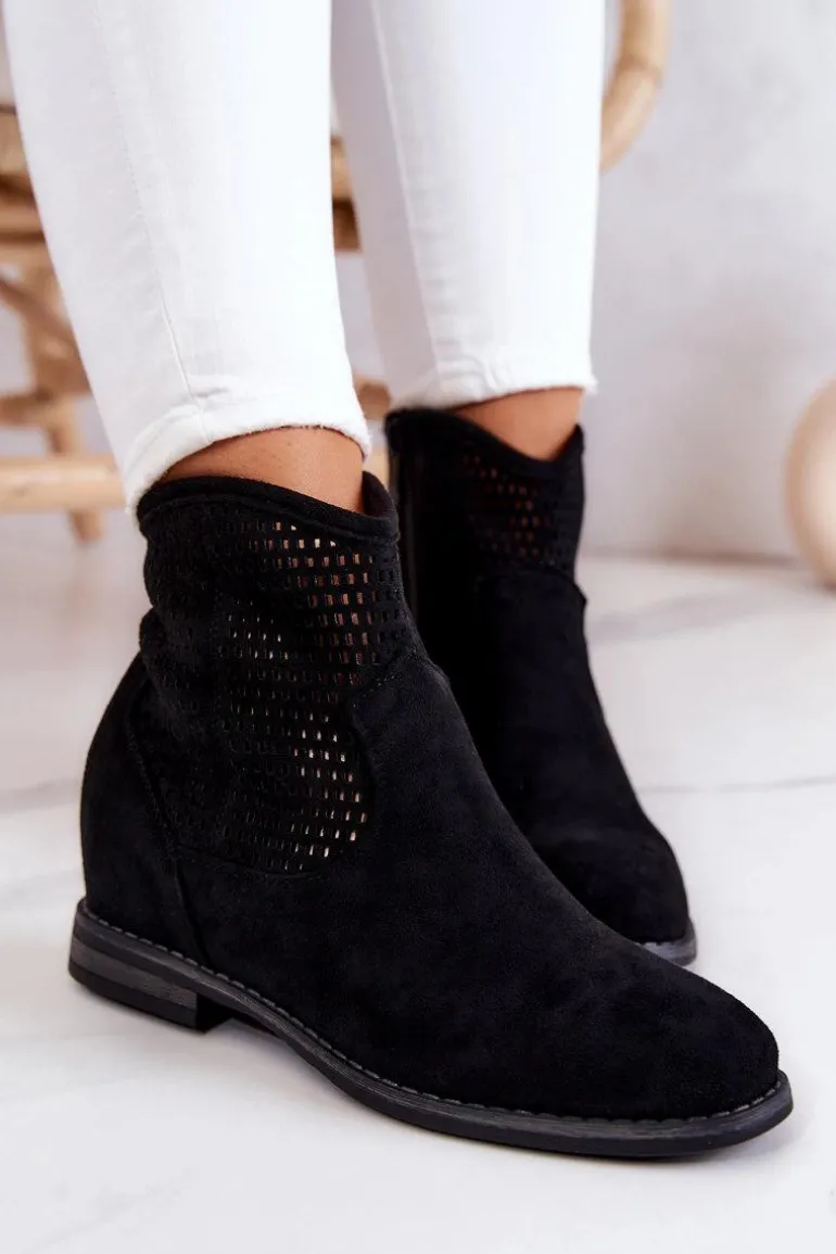Zamszowe Damskie Botki Ukryty Koturn Czarne Solene