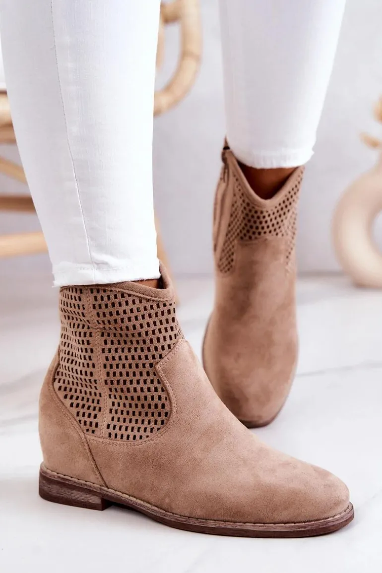 Zamszowe Damskie Botki Ukryty Koturn Beżowe Solene