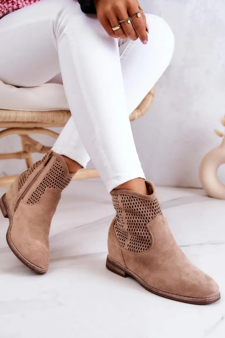 Zamszowe Damskie Botki Ukryty Koturn Beżowe Solene