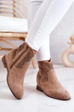Zamszowe Damskie Botki Ukryty Koturn Beżowe Solene