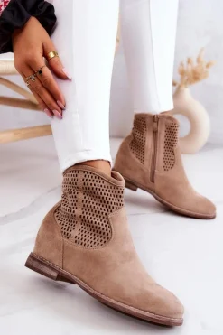 Zamszowe Damskie Botki Ukryty Koturn Beżowe Solene