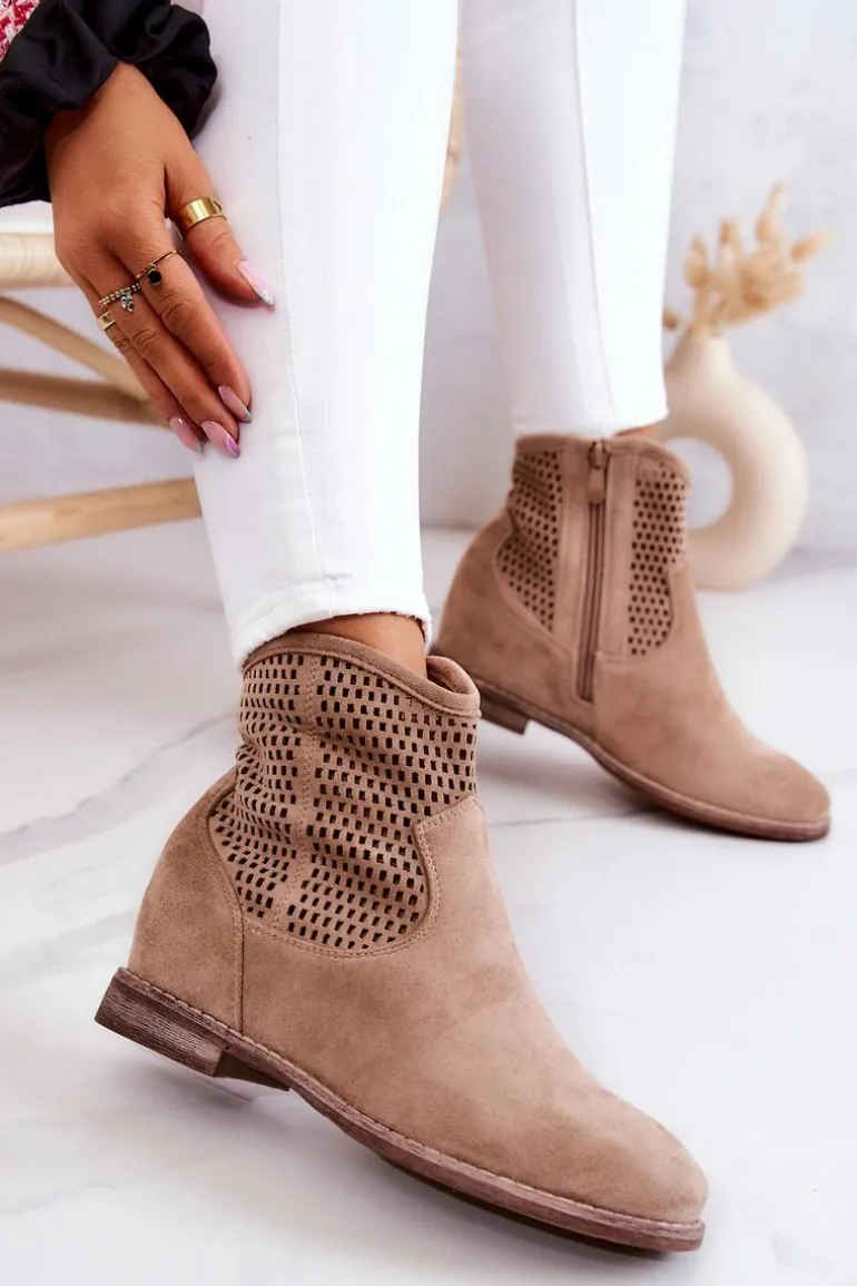 Zamszowe Damskie Botki Ukryty Koturn Beżowe Solene
