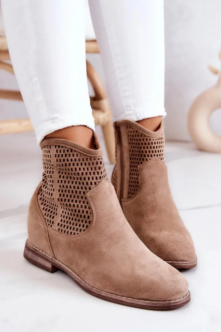 Zamszowe Damskie Botki Ukryty Koturn Beżowe Solene