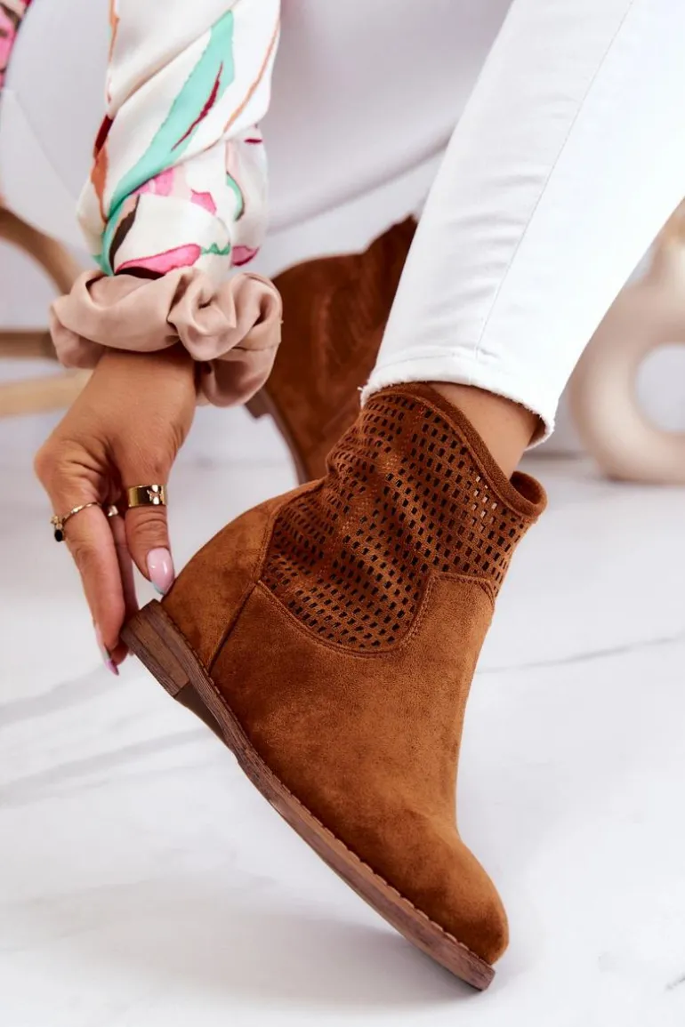 Zamszowe Damskie Botki Ukryty Koturn Camel Solene