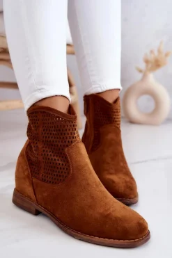 Zamszowe Damskie Botki Ukryty Koturn Camel Solene