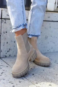 Zamszowe Damskie Botki Workery Jasnobeżowe Kennel