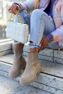 Zamszowe Damskie Botki Workery Jasnobeżowe Kennel