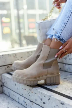 Zamszowe Damskie Botki Workery Jasnobeżowe Kennel