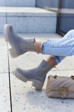 Zamszowe Damskie Botki Workery Jasnoszare Kennel