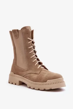 Zamszowe Damskie Botki Workery Sznurowane Beżowe Nicole 2836