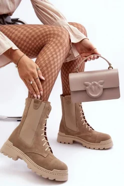 Zamszowe Damskie Botki Workery Sznurowane Beżowe Nicole 2836