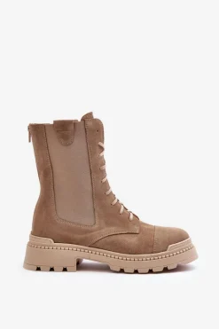 Zamszowe Damskie Botki Workery Sznurowane Beżowe Nicole 2836