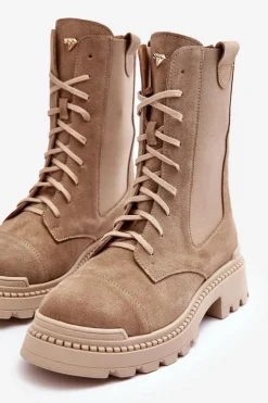 Zamszowe Damskie Botki Workery Sznurowane Beżowe Nicole 2836