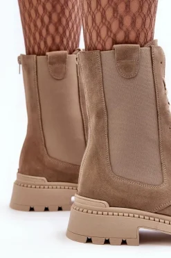 Zamszowe Damskie Botki Workery Sznurowane Beżowe Nicole 2836