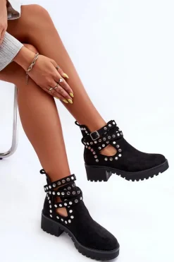 Zamszowe Damskie Botki Z Ozdobnymi Ćwiekami Czarne Bella