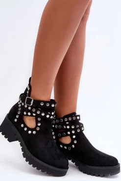Zamszowe Damskie Botki Z Ozdobnymi Ćwiekami Czarne Bella