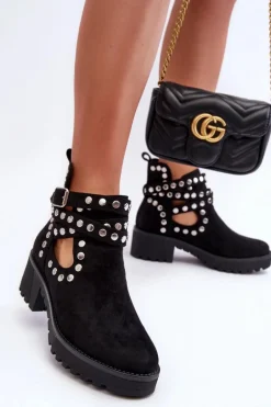Zamszowe Damskie Botki Z Ozdobnymi Ćwiekami Czarne Bella