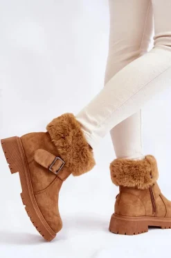 Zamszowe Damskie Botki Z Futerkiem Na Suwak Camel Conquer