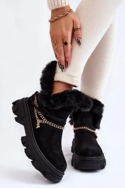 Zamszowe Damskie Botki Z Ozdobnym Łańcuchem Czarne Respecto