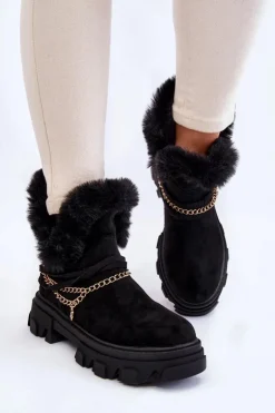 Zamszowe Damskie Botki Z Ozdobnym Łańcuchem Czarne Respecto