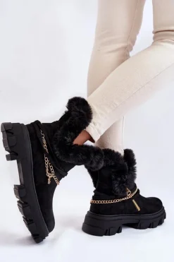 Zamszowe Damskie Botki Z Ozdobnym Łańcuchem Czarne Respecto