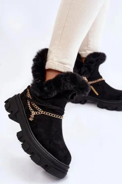 Zamszowe Damskie Botki Z Ozdobnym Łańcuchem Czarne Respecto