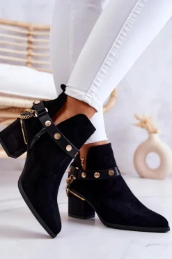 Zamszowe Damskie Botki Z Łańcuszkami Czarne Tracy