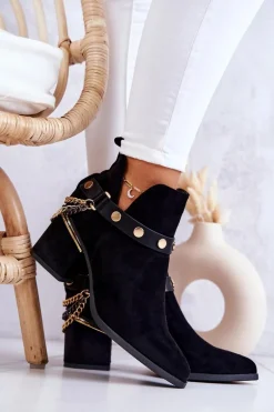 Zamszowe Damskie Botki Z Łańcuszkami Czarne Tracy