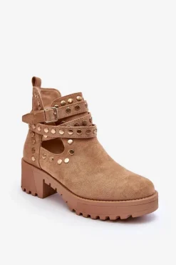 Zamszowe Damskie Botki Z Ozdobnymi Ćwiekami Beżowe Bella
