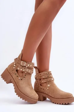 Zamszowe Damskie Botki Z Ozdobnymi Ćwiekami Beżowe Bella