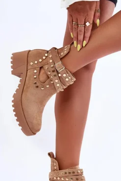 Zamszowe Damskie Botki Z Ozdobnymi Ćwiekami Beżowe Bella