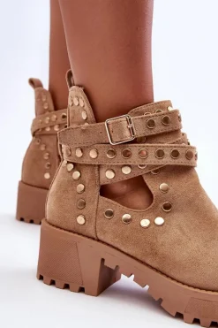 Zamszowe Damskie Botki Z Ozdobnymi Ćwiekami Beżowe Bella