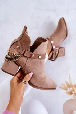 Zamszowe Damskie Botki Z Łańcuszkami Ciemnobeżowe Tracy