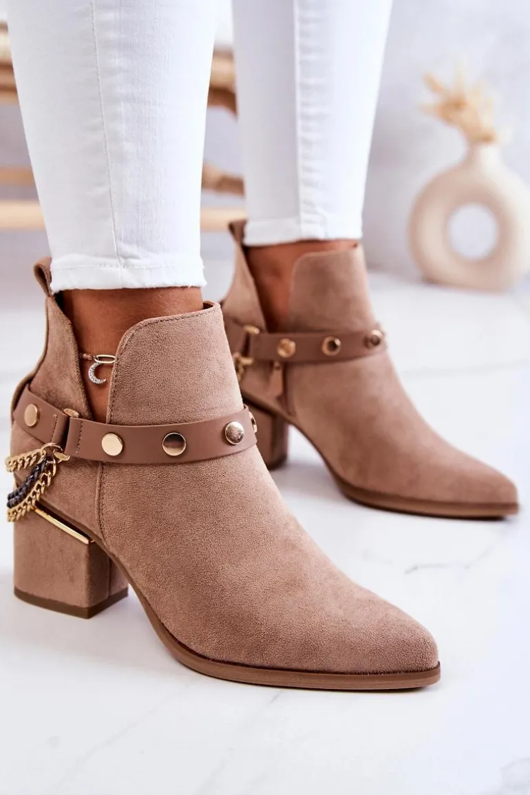 Zamszowe Damskie Botki Z Łańcuszkami Ciemnobeżowe Tracy