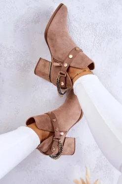 Zamszowe Damskie Botki Z Łańcuszkami Ciemnobeżowe Tracy