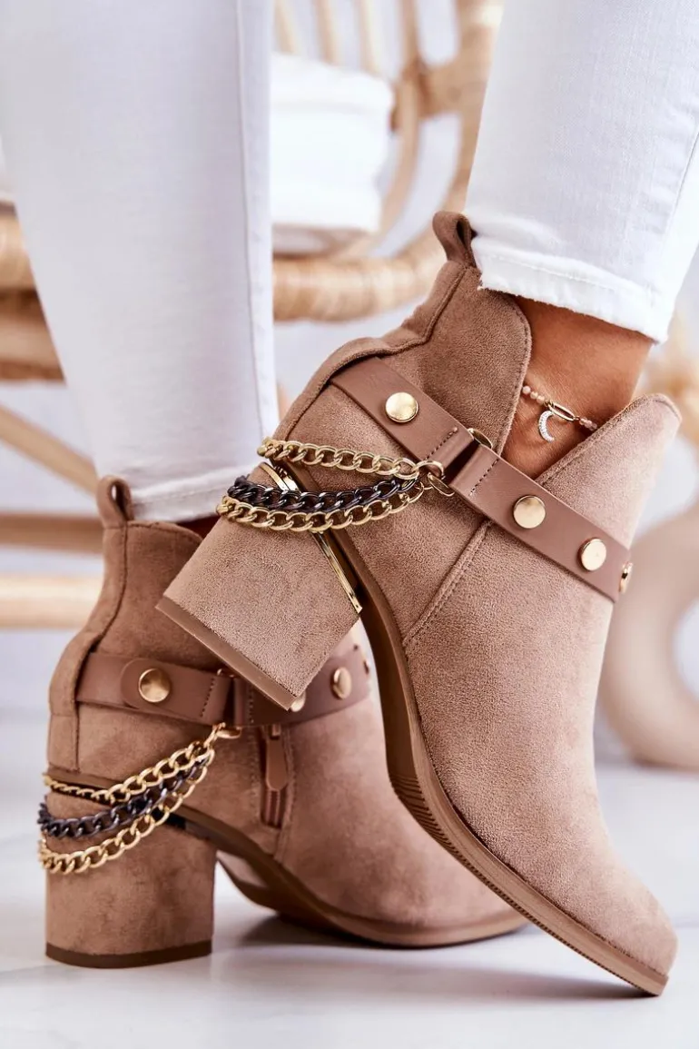 Zamszowe Damskie Botki Z Łańcuszkami Ciemnobeżowe Tracy